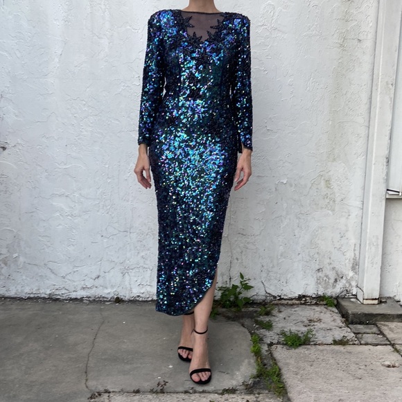 Vintage Iridescent Navy Sea Green Sequined Beaded Long Sleeve Slit Maxi Dress! - Picture 3 of 9